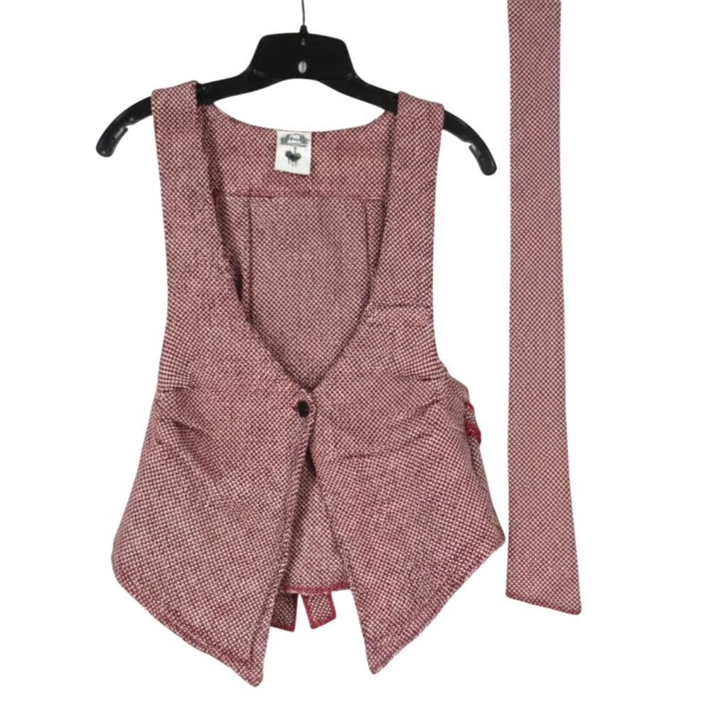 NUVULA Red/Multi TWEED Button SLEEVELESS Pleated Sides BELT Checkered VEST XS